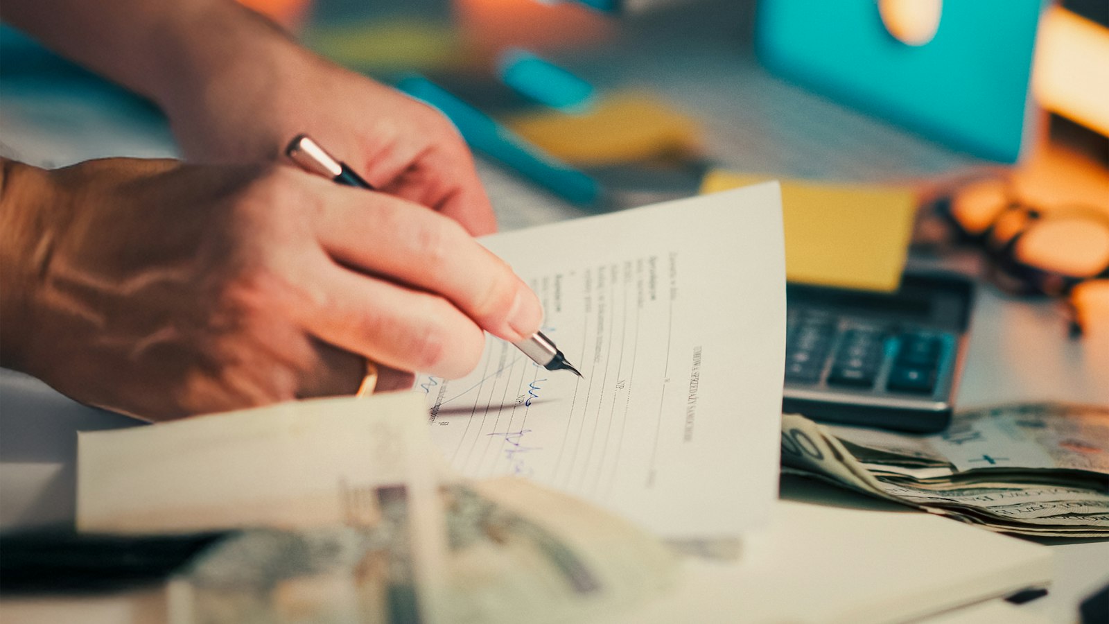 A hand signs a printed document with a fountain pen beside a calculator and cash