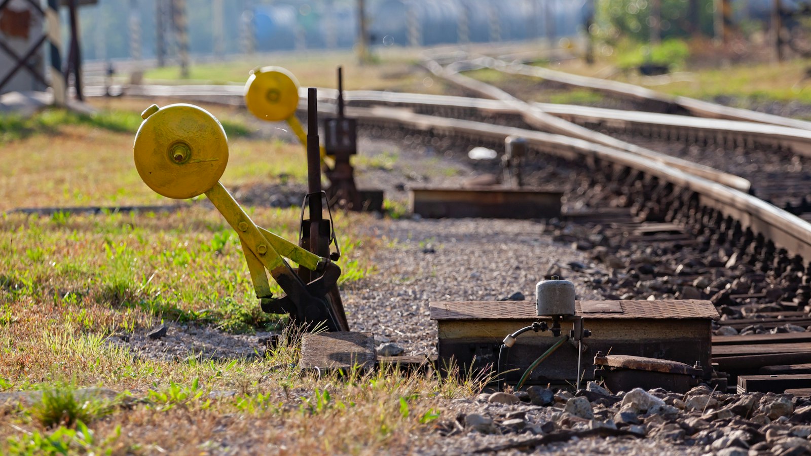 Yellow track switch levers beside railway tracks curving through grass